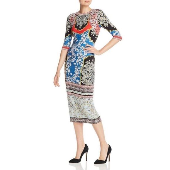 Alice + Olivia Delora Fitted Mock Neck Floral Midi Dress Palace Daffodil 2 NWT - Picture 3 of 13